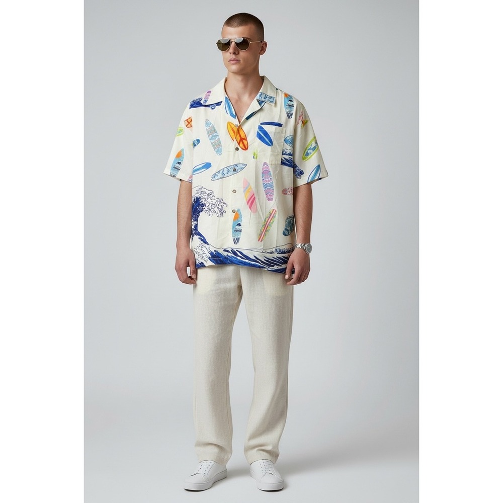Spicy Tuna Mens XL Surfboard Wave Print Short Sleeve Button Up Shirt Cream